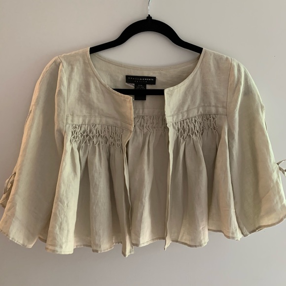 Linen beige cropped flowy jacket - Picture 2 of 7